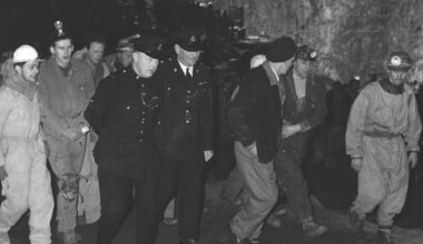 Rescuers at Peak Cavern in Castleton, Derbyshire, during the operation to free trapped caver Neil Moss, March 1959