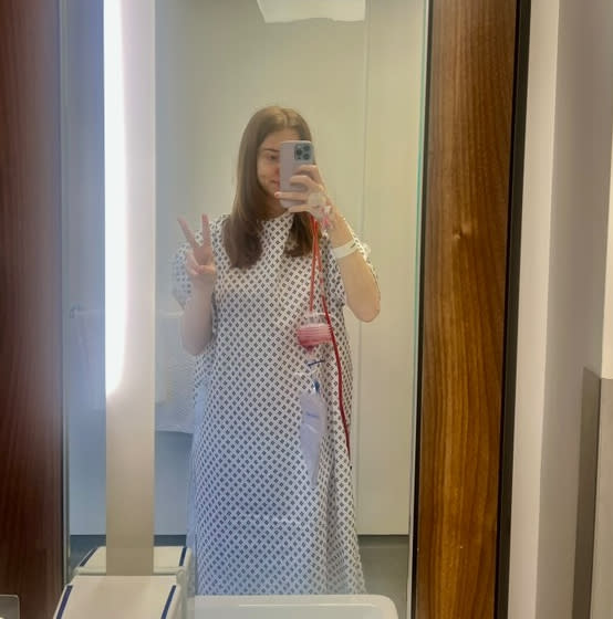 Gabrielle pictured in hospital while having treatment for stage three skin cancer. (Supplied)