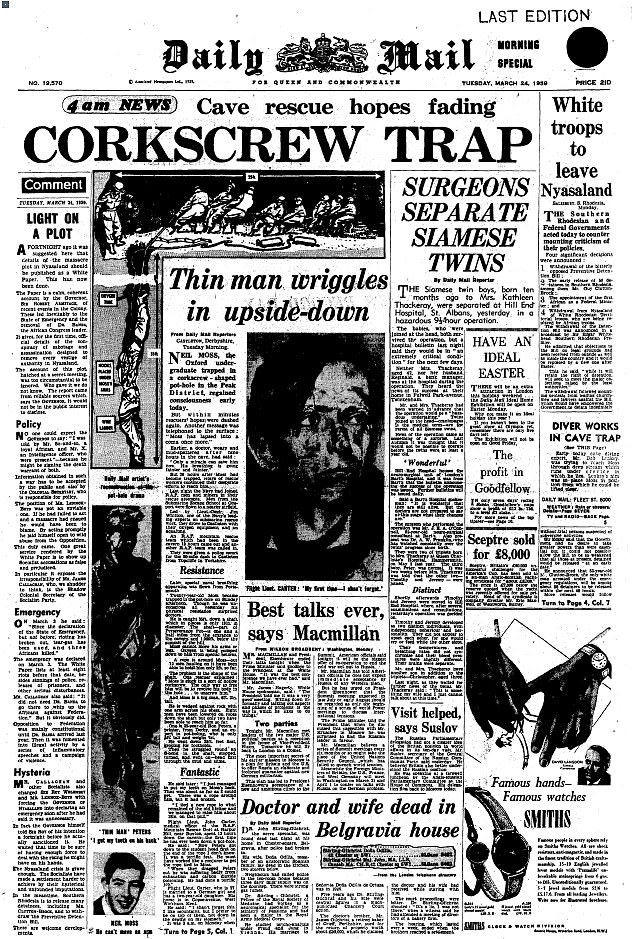 The front page of the Daily Mail on March 24, 1959, when Neil Moss had been trapped for more than 24 hours