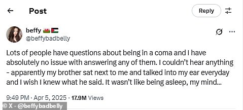 Beffy, from South Wales, also described the 'deep state of psychosis' she experienced when she came back around in a viral X/ Twitter post that has garnered nearly 18 million views at the time of writing