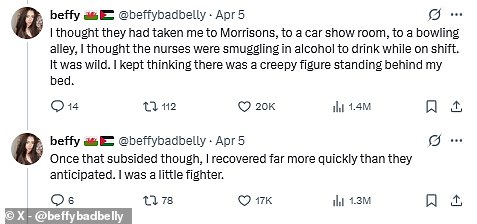 When she was brought back from the coma, Beffy was in a 'deep state of psychosis' that was marked by a number of frightening hallucinations - including the appearance of a 'creepy figure standing behind my bed'