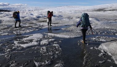 Melting ice and thawing permafrost in the Arctic could release a deadly 'zombie virus' and start the next pandemic, scientists have warned. Pictured: Scientists walk over the thawing Greenland icecap