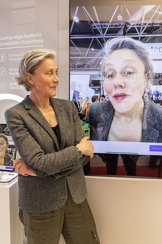 Kate Spicer plays around with a computer program that allows her to see how her face might look enhanced by skin softeners, fillers, or Botox