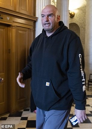 Fetterman is pictured here last month, after losing 20 pounds