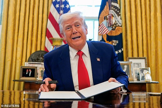 It comes as Donald Trump on Wednesday decided to pausehs tariffs. Pctured: Trump speaks as he signs executive orders and proclamations in the Oval Office at the White House in Washington, D.C., U.S., April 9, 2025
