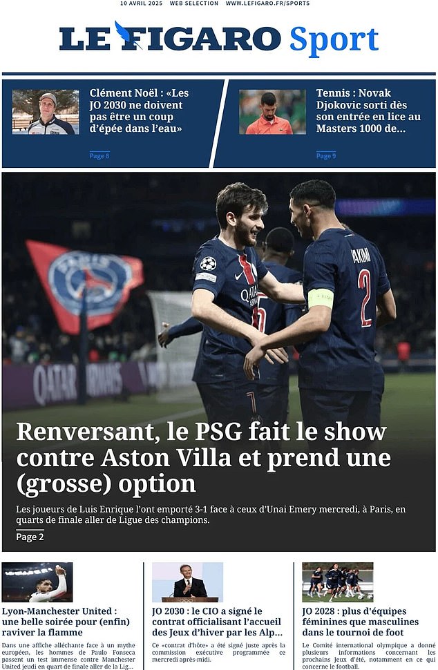 Le Figaro Sport used the word 'stunning' to describe PSG's performance on their front page