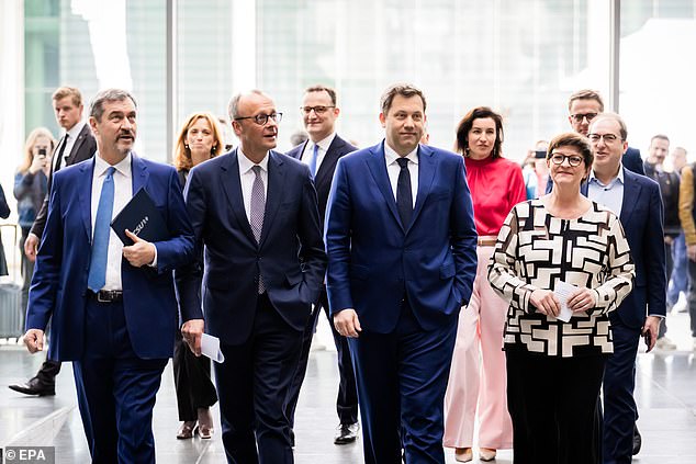 (L-R) State Premier of Bavaria Markus Soeder, Chairman of the Christian Democratic Union (CDU) party and faction Friedrich Merz, Social Democratic Party (SPD) co-chairman Lars Klingbeil and SPD co-chairwoman Saskia Esken arrive for a press conference to present the joint coalition agreement in the German Bundestag, in Berlin, Germany, 09 April 2025