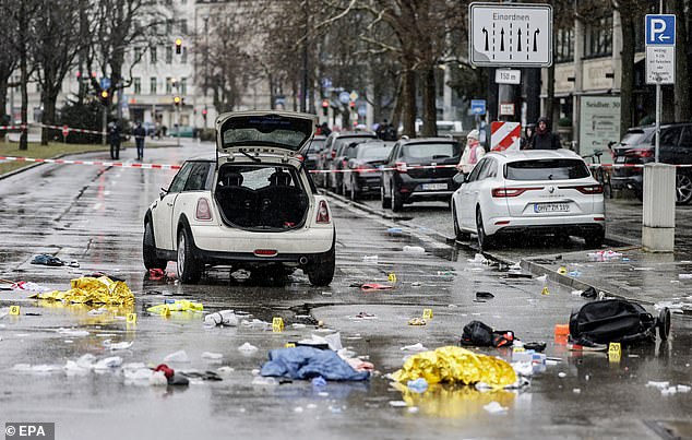 A general view shows the scene after a vehicle was driven into a demonstration in Munich, Germany, 13 February 2025