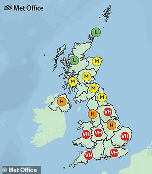 FRIDAY: Already in six regions of England, pollen levels will be 'very high' on Firday