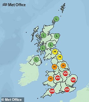 SUNDAY: Five regions will have 'very high' pollen while Northern Ireland will drop to 'low'