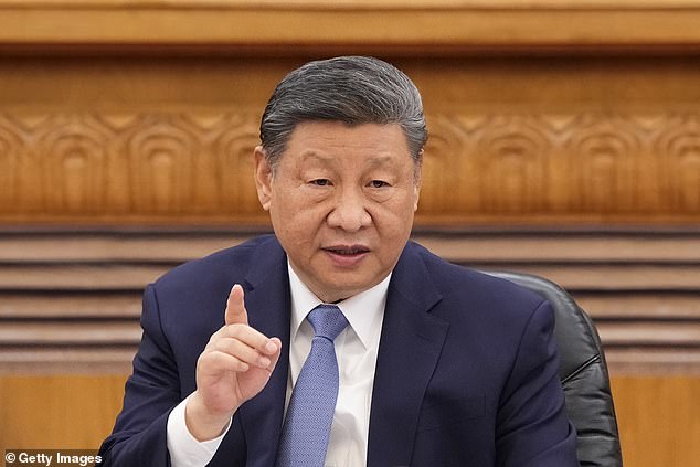 Today China warned that American tariffs 'go against the world' after Trump said he was raising levies on China to 125 per cent. Chinese President Xi Jinping speaks during an international business meeting at The Great Hall Of The People on March 28, 2025 in Beijing, China