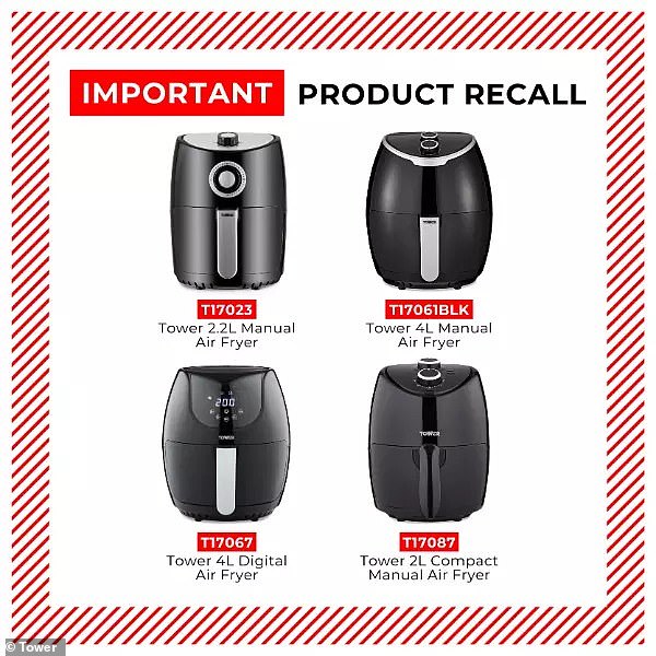 The Office for Product Safety and Standards (OPSS) has issued the warning for Tower Air Fryers over concerns that the product will overheat and ignite during use