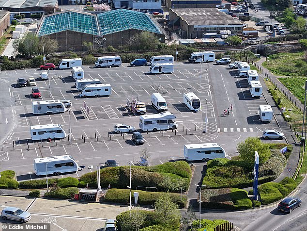 A large group of travellers also descended on a car park at a Tesco superstore in Littlehampton, West Sussex, this month