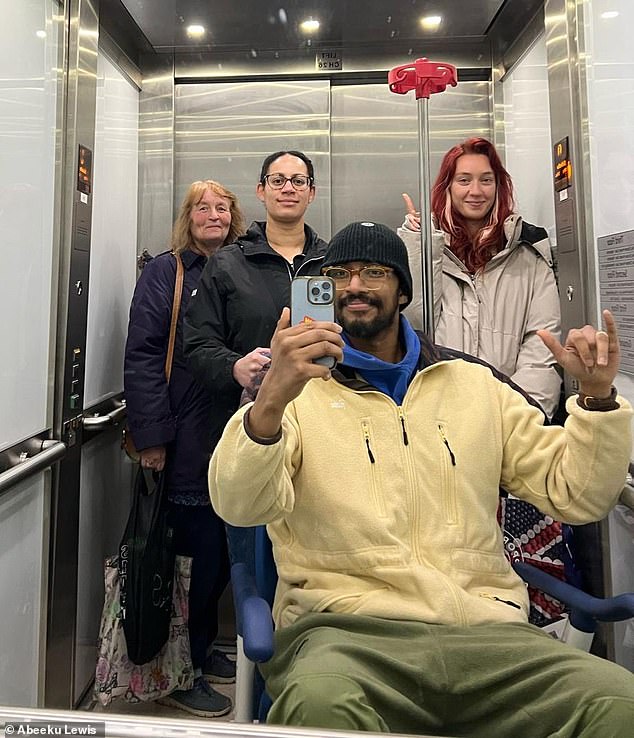 Despite a difficult journey, Abeeku remains positive and has praised the NHS as well as his supportive friends and family (pictured with his girlfriend Nieve, his sister Keturah and his mother Susie)