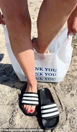 When she climbs out, her feet are shown to be completely clean, leaving her free to step into her sliders