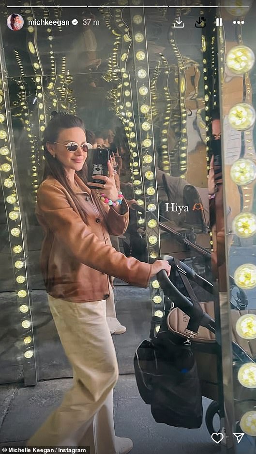 Michelle Keegan, 37, looked effortlessly stylish as she enjoyed a sunny day out with baby daughter Palma on Friday
