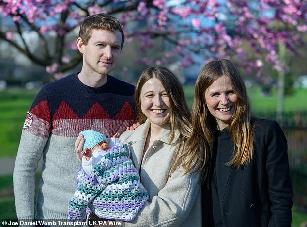 Grace Davidson (M) and husband Angus (L) welcomed Amy Isabel into the world earlier this year after the UK's first successful womb transplant, donated by Grace's sister Amy Purdie (R)