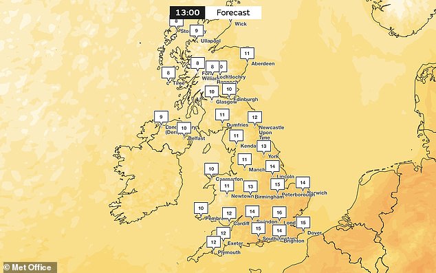 The temperature in London on Sunday is expected to reach a high of 19C, but it will get as cold as 10C in some parts of Scotland