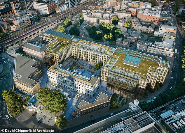 Planning documents for the controversial embassy on the site of the Royal Mint buildings include 'two suites of anonymous unlabelled basement rooms and a tunnel', with their exact purpose 'redacted for security reasons'. Pictured: Redevelopment plans for the former Royal Mint site next to the Tower of London
