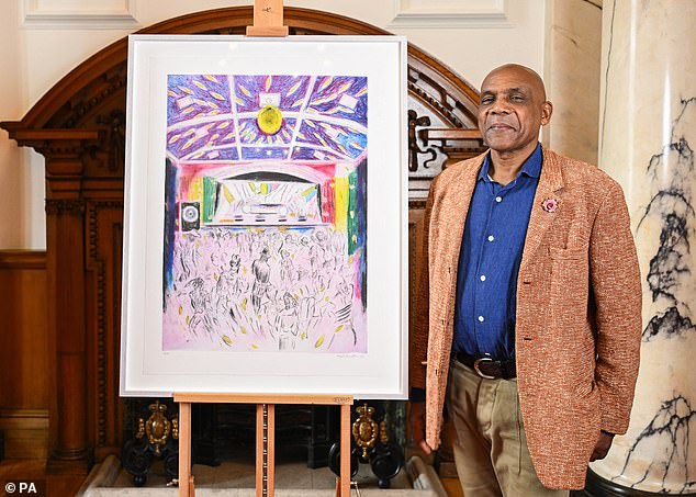 Their replacements include Altar, a scene from the 2023 Falmouth Reggae Festival in Cornwall by Denzil Forrester. Pictured: Forrester standing by the painting