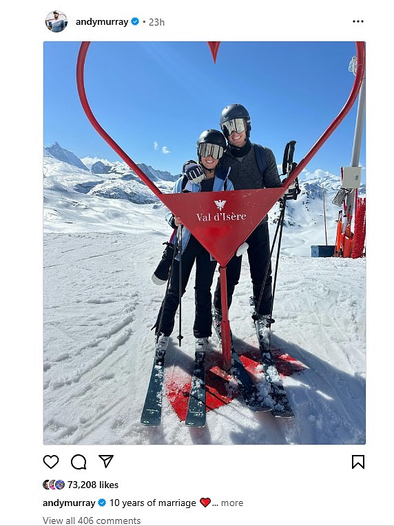Andy Murray wishes his wife, Kim Sears, a happy 10 year anniversary on the slopes of Val d'Isere