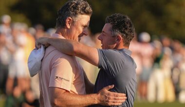 Justin Rose hugs Rory McIlroy after losing a play-off for the Masters title at Augusta on Sunday