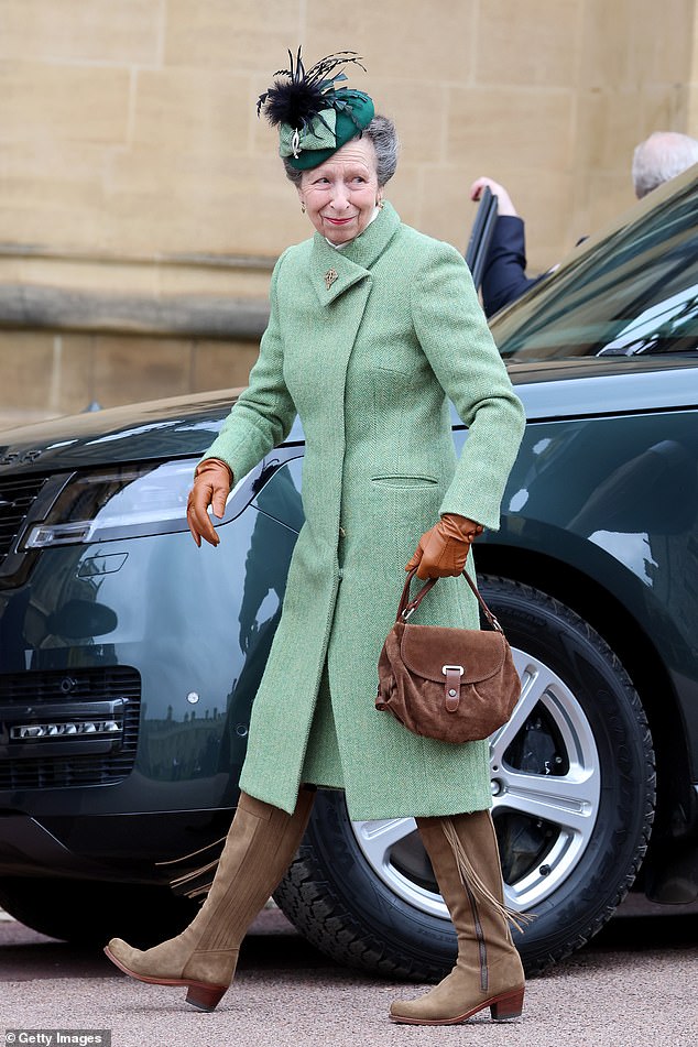 Princess Anne opted for a mint green herringbone coat, tailored with precision and paired with her go-to House of Bruar riding boots