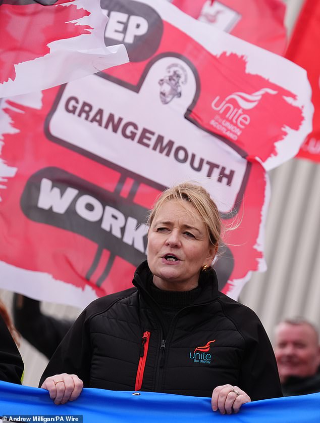 Unite general secretary Sharon Graham, pictured at Grangemouth oil refinery demonstration