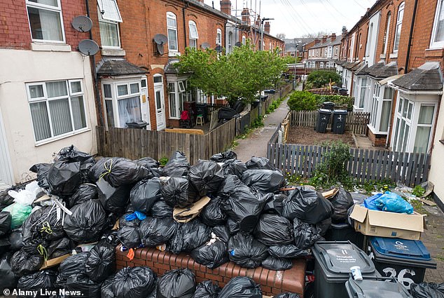 A huge mountain of rubbish bags and other waste block an avenue to a street of terraced housing on Primrose Avenue in the Sparkbrook area of Birmingham as refuse workers continue to strike