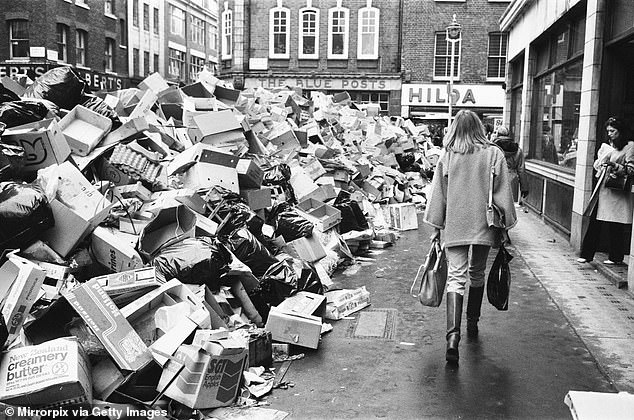 Rubbish piled up on the streets of Soho due to industrial action by binmen in 1979, during the Winter of Discontent