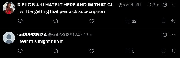 However, others expressed their excitement over the sequel series with a fan writing, 'I will be getting that peacock subscription'
