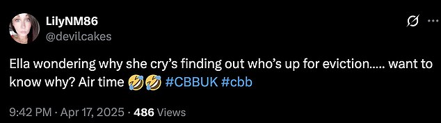 However, many viewers took to X (formerly Twitter) to accuse her of 'turning on the waterworks' for the cameras in an attempt to gain more screentime