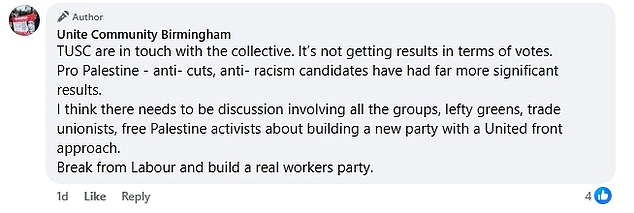 Taking to Facebook on Wednesday, the union community branch in Birmingham said that 'there needs to be discussion involving all the groups'