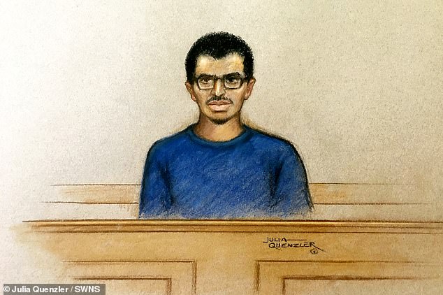 Artists impression of Hashem Abedi, appearing in the dock at the Old Bailey, London in 2020