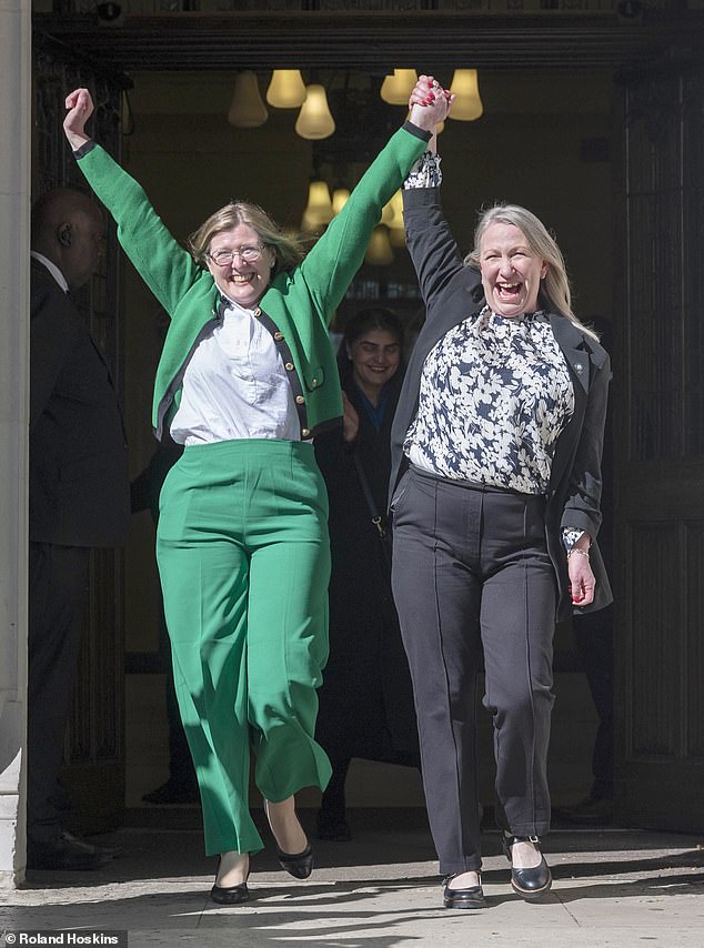 The transgender community will hold protests in both England and Scotland on Saturday, days after a Supreme Court ruling on the definition of a woman. Pictured: Members of For Women Scotland Susan Smith and Miriam Caulde at the Supreme court, 16th April 2025, for the Judgement about the legal definition of a women