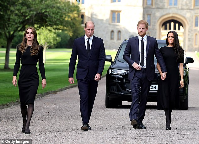 'There is zero chance of reconciliation because there is irreconcilable anger on the part of William and Kate,' Bower said of reconciliation between Harry and his family (Pictured: Princess Kate, Prince William, Prince Harry, and Meghan Markle at Windsor Castle)
