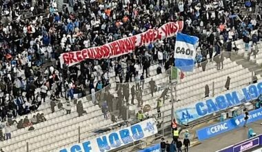 Marseille fans held up a banner aimed at Mason Greenwood which read: 'Greenwood, Henrique, get moving!!!'