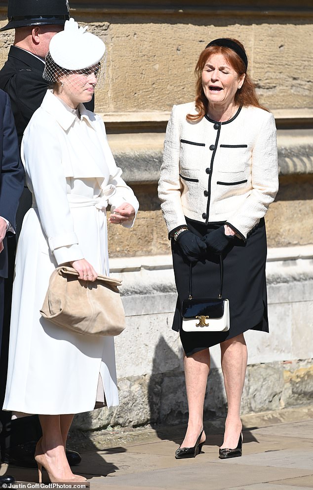 Sarah Ferguson, Duchess of York, wears a white jacket and black skirt for Easter Sunday