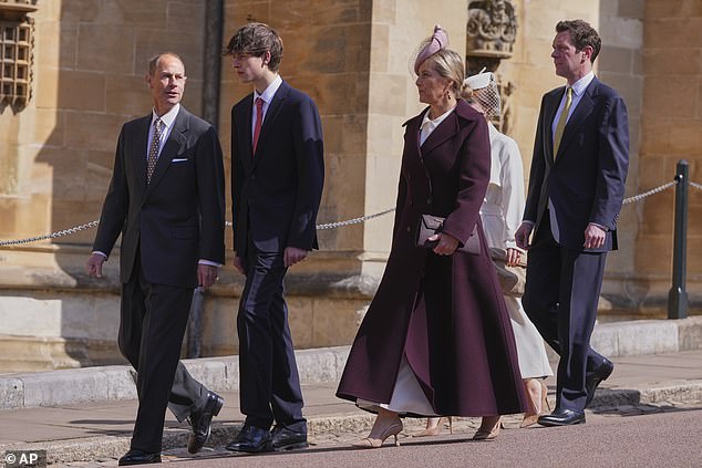 Sophie, 60, looked in high spirts as she gathered with her husband Prince Edward, 61, and their son James Earl of Wessex , 17, for the traditional Easter Matins service in the 15th century Windsor chapel in Berkshire