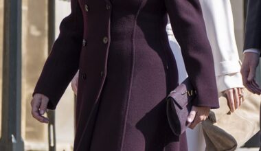 Sophie, the Duchess of Edinburgh, sported a plum double breasted overcoat with nude coloured heels as she stepped out in the Easter sunshine