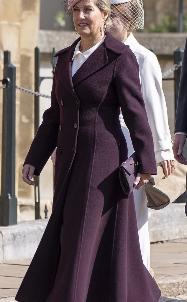 Sophie, the Duchess of Edinburgh, sported a plum double breasted overcoat with nude coloured heels as she stepped out in the Easter sunshine