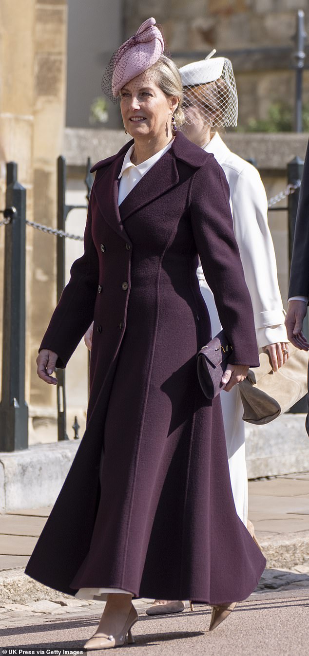 Sophie, the Duchess of Edinburgh, sported a plum double breasted overcoat with nude coloured heels as she stepped out in the Easter sunshine