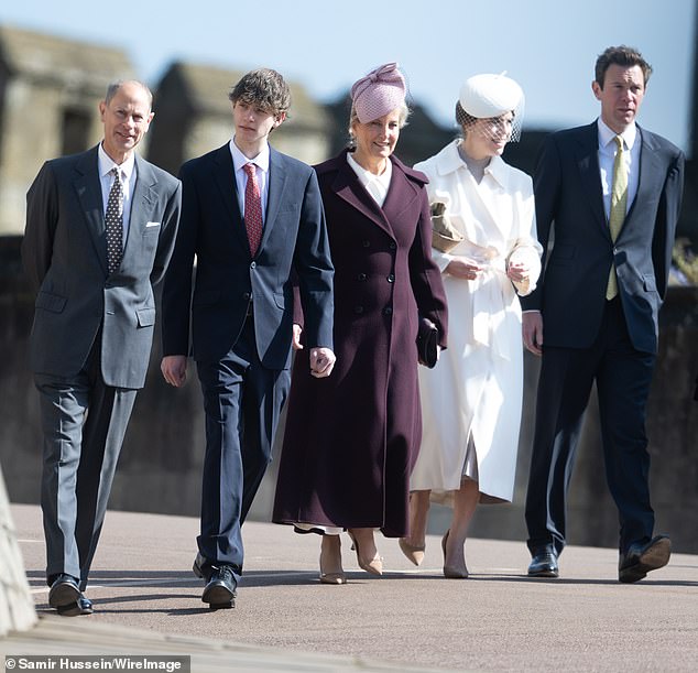 James, Earl of Wessex, has now outgrown his father, Prince Edward, (both far left) who is thought to be 6ft tall