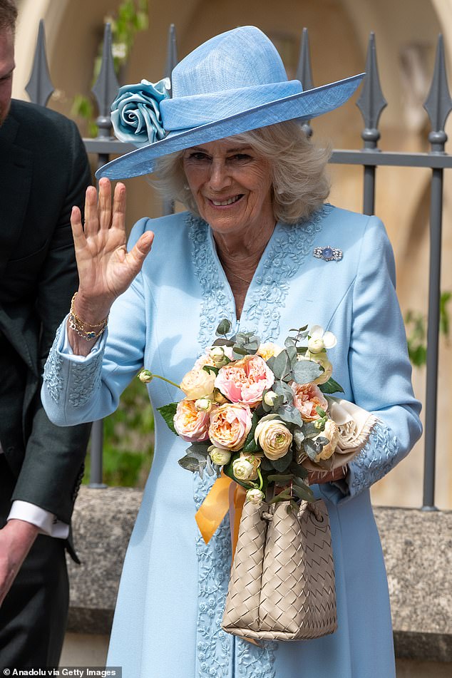 Queen Camilla (pictured) quietly took charge of today's Easter Matins service, according to body language expert Judi James