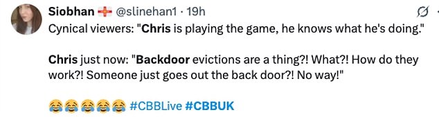 Taking to social media fans wrote: 'Chris= backdoor elimination i said what i said': 'If anyone deserves a backdoor eviction it¿s the RAT himself Chris'