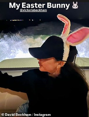 David took to Instagram on Sunday to share a snap of himself and wife Victoria, 50, wearing bunny ears