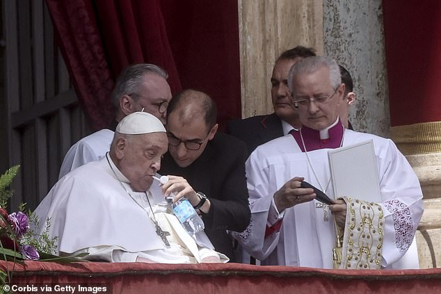 Pope Francis died on Easter Monday. Pictured: Francis is helped to drink water during the Urbi et Orbi Message to the World at the central Loggia of St. Peter's Basilica, on April 20, 2025