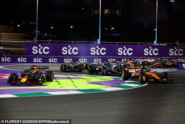 Verstappen (left) had been handed a five-second penalty after he went off the track while battling with Piastri (right) for first place through the first chicane