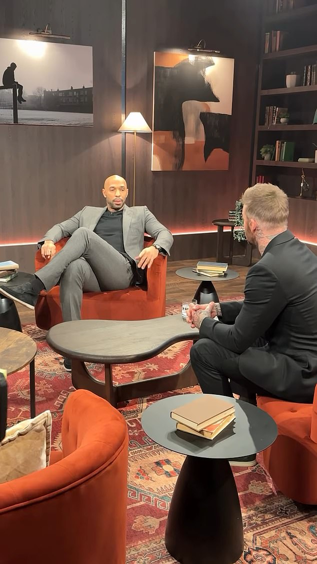 The former footballer, 49, will begin hosting Beckham & Friends Live on Paramount+ next month and took to his Instagram to show the set for the first time (pictured with Thierry Henry)