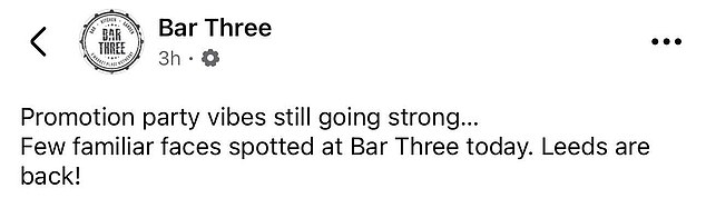 They visited Bar Three - who shared a snap on social media - in Wetherby 24 hours on from their promotion